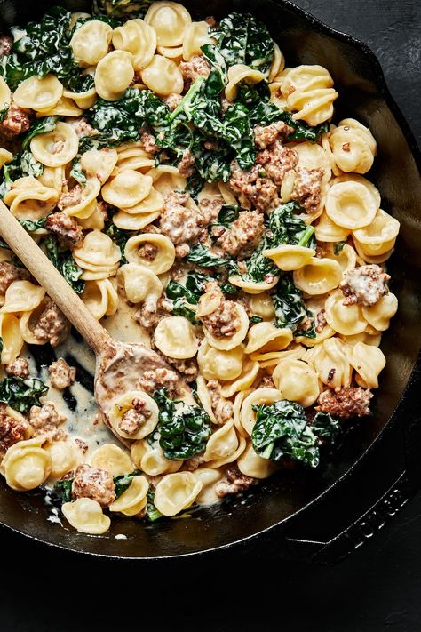 A sumptuous, quick, and creamy kale and sausage pasta recipe made with orecchiette for all of your weeknight needs. Lemon Pasta With Sausage, Creamy Chicken Sausage And Kale Cavatappi, Sausage Pea Pasta, Spicy Sausage Orecchiette, Costco Sausage Pasta Recipe, Oriecchete Recipes, Creamy Italian Sausage Pasta Recipes, Pasta Kale Recipes, Sausage Kale Pasta Recipes