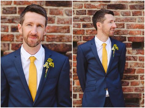 Groom Blue Suit, Blue Yellow Weddings, Yellow Wedding Theme, Dark Blue Suit, Sunflower Themed Wedding, Yellow Tie, Wedding Suits Groom, Navy Blue Suit, Yellow Ties