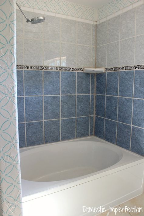 How to Refinish Outdated Tile (yes, I painted my shower) - Domestic Imperfection Tub And Tile Paint, Painted Shower Tile, Bathroom Tile Diy, Painting Bathroom Tiles, Paint Bathroom, Tile Paint, Painting Shower, Foam Paint, Foam Rollers