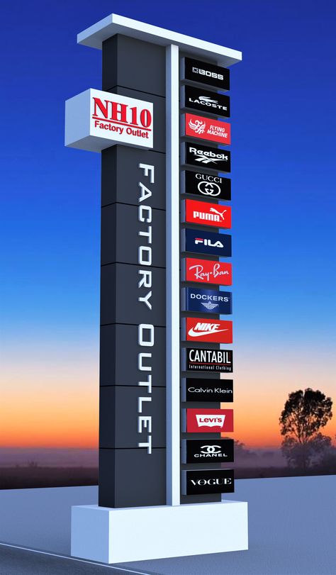 #Modern_Elevation #Front_Elevation #Factory_Outlet Pylon Design Ideas, Exterior Signage Entrance, Signboard Design, Building Signage, Hoarding Design, Modern Elevation, Garage Design Interior, Commercial Design Exterior, Neon Light Art