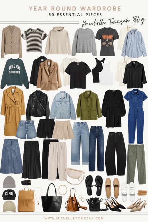 Year Round Wardrobe Essentials: 50 Versatile Closet Staples - Michelle Tomczak Year Round Wardrobe, Plus Size Capsule Wardrobe, Minimalist Wardrobe Essentials, Round Wardrobe, Mom Wardrobe, Wardrobe Sets, Capsule Wardrobe Essentials, Fashion Capsule Wardrobe, Classic Style Outfits