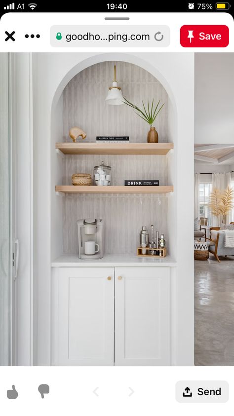 Coffee Nook Corner, Built In Cabinet Coffee Bar, Coffee Bar With Drawers, Pantry Closet Coffee Bar, Pantry To Coffee Bar, Hallway Coffee Bar, Kitchen Built In Coffee Bar, Small Drink Station, Tiny Bar Ideas