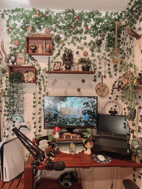 Witch Cubicle Decor, Pc Gaming Setup Cottagecore, Forest Desk Setup, Fairy Core Office, Gamer Witch Aesthetic, Fairy Office Decor, Mushroom Gaming Setup, Forest Pc Setup, Fantasy Gaming Setup