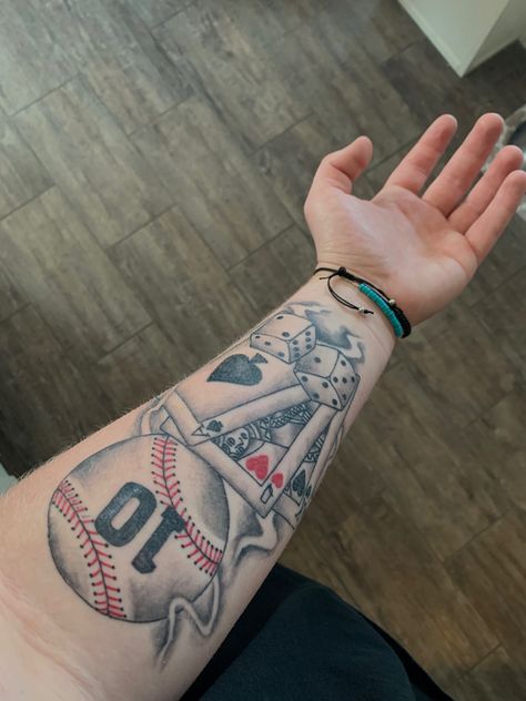 Baseball Tattoo, Baseball Tattoos, Dice Tattoo, Brian Dawkins, Card Tattoo, Small Tattoos For Guys, Arm Tattoos For Guys, Forearm Tattoo, Arm Tattoo