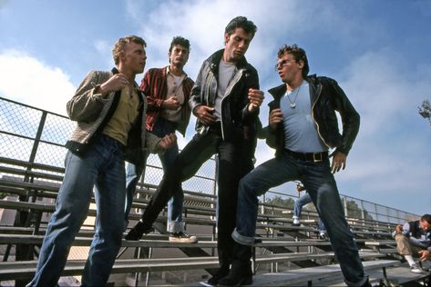 Head Greaser John Travolta and the T-Birds celebrate Summer Nights in Paramount Pictures’ musical “Grease.” #grease #1978 Sandy Grease Costume, T Birds Grease, Grease John Travolta, Musical Grease, Grease Costume, Grease 1978, Sandy Grease, Grease Costumes, Grease Is The Word