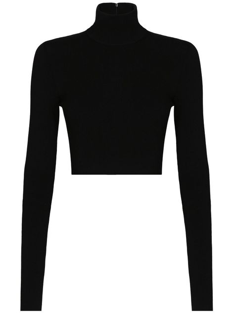 black high neck exposed rear zip fastening long sleeves straight hem cropped Black High Neck Top, Trajes Country, Dolce Gabbana Sweater, Black Long Sleeve Crop Top, Knitted Crop Top, Normal Clothes, High Neck Sweater, Knitted Tops, Black Long Sleeve Top