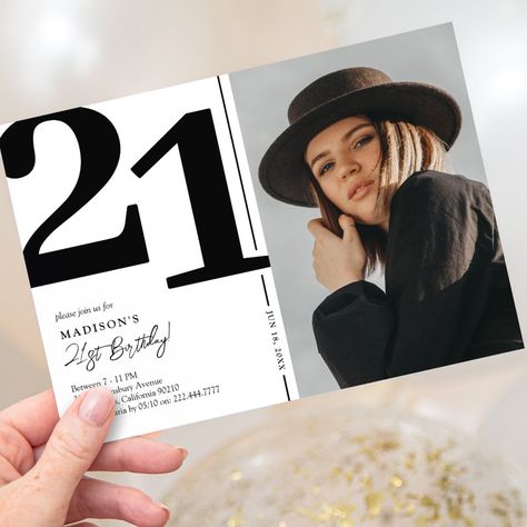 Black White Photo 21st Birthday Party Invitation Elegant Birthday Invitations, 21st Birthday Party, Number 21, Birthday Party Invites, 21st Birthday Invitations, Modern Birthday, Simple Typography, Photo Birthday Invitations, Adult Birthday Invitations