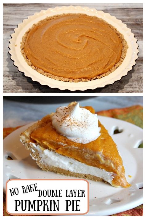 No Bake Double Layer Pumpkin Pie recipe from RecipeGirl.coom #nobake #double #layer #pumpkin #pie #recipe #RecipeGirl Layered Pumpkin Pie, Double Layer Pumpkin Pie, Fall Pies Recipes, Bake Sweets, Viral Recipes, Pumpkin Delight, No Bake Pumpkin Pie, Pumpkin Pie Recipe, Easy Pie Recipes