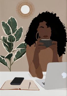 Black art Woman Sitting, A Woman, Cell Phone, Laptop, Computer, Black, Art