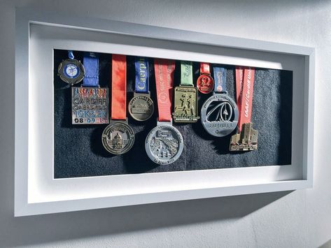 Display Running Medals, Simple Medal Display, Medal Trophy Display Ideas, Display Medals Ideas, Medal And Trophy Display Ideas, Marathon Medal Display Ideas, Medal Frames Ideas, Race Medal Display Ideas, Trophy Wall Display Ideas