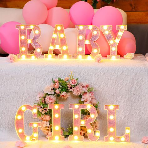 PRICES MAY VARY. Baby Shower Decoration: you will receive 8 pieces of LED letter lights for baby shower in pink, designed in [BABY GIRL] shape, which can easily meet your baby shower decoration needs, gleaming and charming Convenient for Use: this led marquee letter lights are convenient to use, which are powered by 2 AA batteries (not included in the package); Besides, there are hooks design in the back, allowing you place them on the table or hung them on the wall Size Information: our light u Baby Shower Gold Pink White, Pink Peach And Gold Baby Shower, Pink Theme Baby Party, Pink Glitter Baby Shower, So Little So Loved Baby Shower, Pink Gold Baby Shower Theme, Pink Glitter Baby Shower Theme, Pink Purple And Yellow Baby Shower, Rose Pink Baby Shower Theme