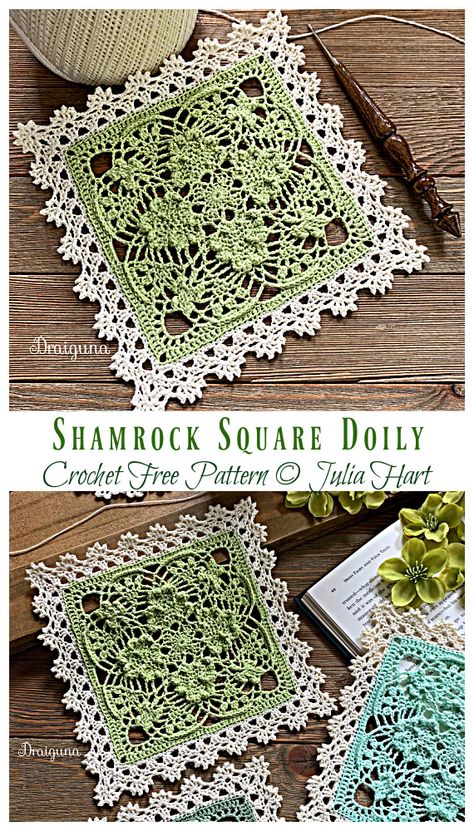 Shamrock Square Doily Crochet Free Pattern - Crochet & Knitting Square Doily, Crochet Doily Pattern, Free Crochet Doily Patterns, Doily Pattern, Crochet Motif Patterns, Crochet Lace Pattern, Crochet Blocks, Manta Crochet, Crochet Doily Patterns