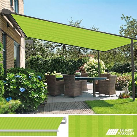 A combination of several shades of green creates a harmonious flair on your terrace or balcony. A colourful awning fabric is a real highlight for every garden. Find the right awning fabric for your outdoor oasis. Outdoor Shades For Patio, Awning Ideas, Patio Awnings, Shade Ideas, Garden Awning, Backyard Shade, Outdoor Awnings, Patio Shade, Patio Awning