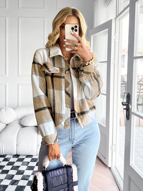 Khaki Crop Shacket Outfit, Cropped Shacket Outfit, Temu Wishlist, Cropped Shacket, Tweed Shirt, Shacket Outfit, Plaid Jacket Women, Tan Plaid, Khaki Fashion