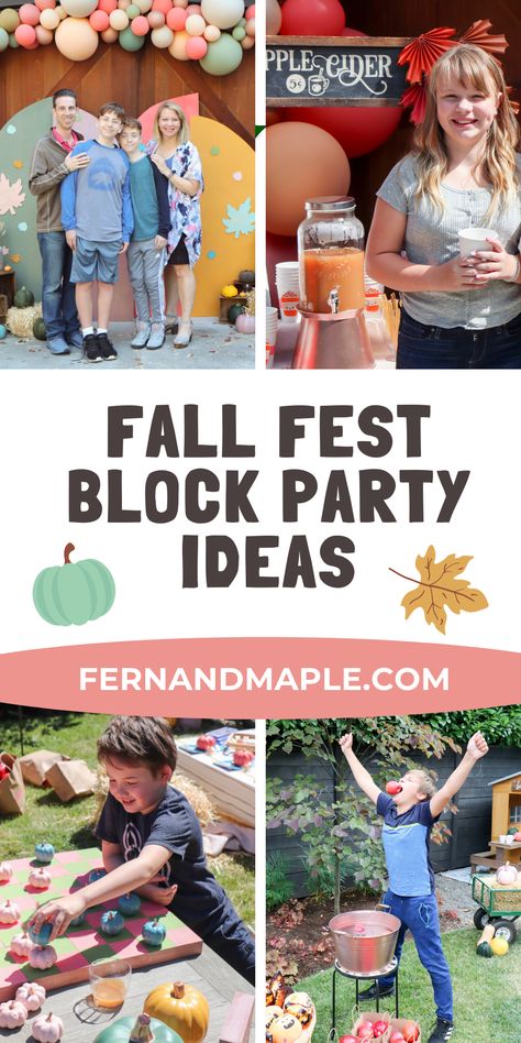 Create connection in your community by throwing a fun Fall Fest Block Party with these ideas for activities, decor, food and drink, and more from fernandmaple.com! Fall Fest Activities For Adults, Fall Block Party Games, Fall Festival Block Party, Block Party Halloween Ideas, Fall Harvest Party Activities, Neighborhood Fall Festival, Small Town Fall Festival Ideas, Fall Fest Kids Activities, Fall Event Activities