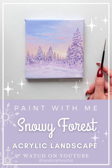 Painting Ideas Mini Canvas, Acrylic Painting Winter, Forest Acrylic Painting, Christmas Painting Ideas, Paint With Me, Acrylic Art Projects, Winter Landscape Painting, Painting Winter, Canvas Art Projects