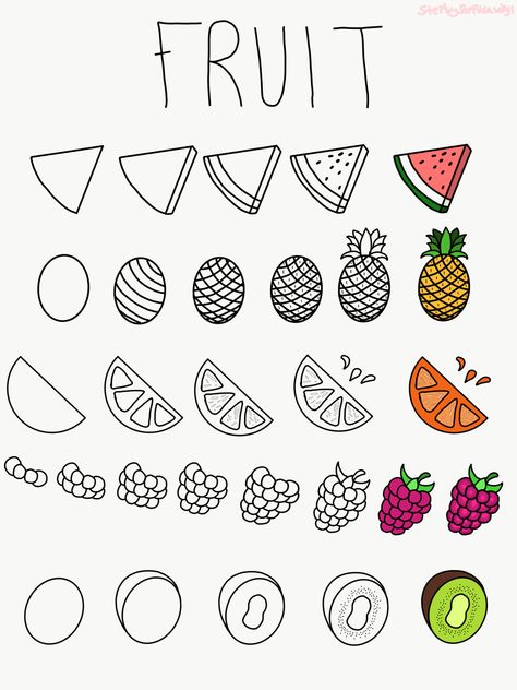 Fruit, doodles, how to, how to draw fruit, doodles, doodling, orange, watermelon, raspberry, pineapple, kiwi Doodling Ideas For Beginners, Doodle How To Draw, Fruit Art Easy, How To Draw Watermelon Step By Step, How To Draw A Raspberry, Fruits Doodle Drawings, Orange Cute Drawing, Fruit Doodles Easy, Cute Fruit Drawings Easy