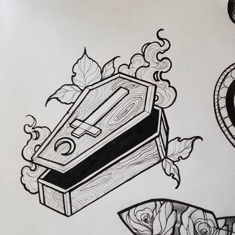 Coffin illustration Coffin Illustration, Traditional Filler Tattoo, Traditional Filler, Traditional Tattoo Outline, Coffin Tattoo, Filler Tattoo, Flash Tattoo Designs, Sweet Tattoos, Spooky Tattoos