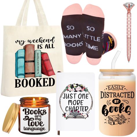 PRICES MAY VARY. Book Lovers Gifts for Women - The set for book lover includes a book themed tote bag, a pair of bookish socks, a 16oz glass drinking cup, a scented candle, a ballpoint pen, and a notebook. They are nicely packaged in a box and ready to be given to friends, teachers, family members, or book club members that like reading. Size - The drinking jar with lid measures approx. 2.76 inches in diameter and 6.1 inches in height; reading tote bag measures about 14.7 x 12.4 x 3.7 inches; th Book Club Goodie Bags, Christmas Gift For Book Lover, Best Gifts For Book Lovers, Book Themed Gift Basket, Book Exchange Ideas, Presents For Teachers End Of Year, Book Basket Ideas, Readers Gift Basket, Romance Bookstore