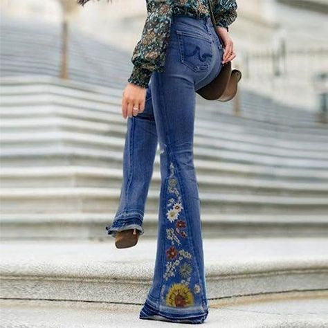 Womens High Waisted Bell Bottom Jeans Flared Denim Pants Embroidered Bootcut Jeans Stretch Wide Leg Jeans for Women Embroidery Boots, Looks Country, Basic Blouses, Middle Age Fashion, Short Denim, Bell Bottom Pants, Printed Jeans, Pantalon Large, Embroidered Denim