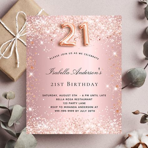 Pink Glitter Invitations, Elegant Birthday Invitations, Budget Birthday, 21st Birthday Party, 21st Birthday Invitations, Birthday Roses, Modern Birthday, Invitation Flyer, Glitter Invitations