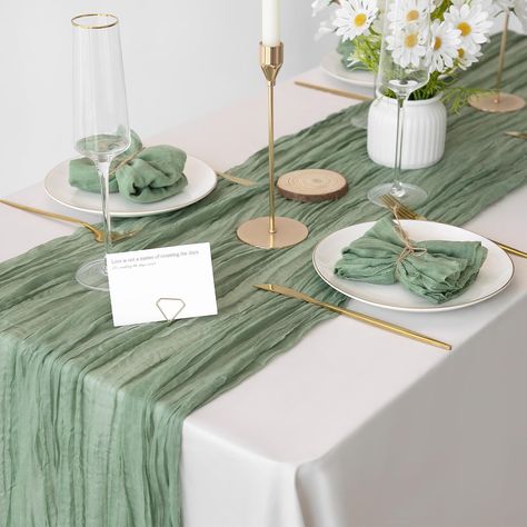 PRICES MAY VARY. 100% Woven Cotton 1 x table runner measures 300cm x 90 cm / 118 inches x 35 inches 6 x napkins are 50cm x 50cm / 19.7 inches x 19.7 inches ( 6 napkins) Cheesecloth, crinkled effect. A high quality product made from woven cotton. The cheesecloth table runner and 6 napkins set is crinkled in look, soft and perfect for your table setting. The fabric has an organic, rustic, natural, boho and vintage look and feel and is perfect for any event/party. Wedding Tables, picnic tables, bbq Sage Green And Blush Table Setting, Sage Green Engagement Party Decor, Green And White Balloon Decor, Rehearsal Dinner Decorations Table Flower Centerpieces, Sage Green Bridal Shower Table Ideas, Birthday Brunch Party Decorations Color Schemes, Sage Green And Champagne Wedding Decor, Woodsy Party Decor, Wedding Plate Settings