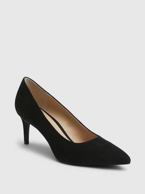 These pumps are made with a smooth faux-suede upper.  Pointed toe.  Pump heel.  Lightly padded insole.  Sturdy rubber sole.  Heel height: 2. 95"/7. 5 cm. Black High Heels Closed Toe, Theatre Collage, Business Heels, Simple Black Heels, Heels Closed Toe, Work Heels, Pencil Heels, Dark Acadamia, Business Clothes