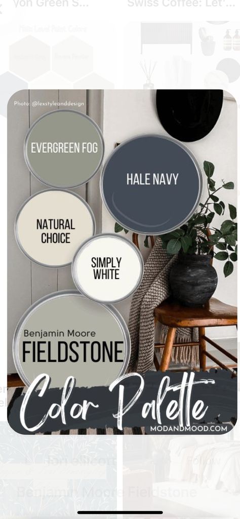 Bm Fieldstone Paint, Grey And Sage Color Palettes, Modern Farmhouse Interior Paint Colors Benjamin Moore, Scandinavian Paint Palette, Benjamin Moore Paint Pallets For Home, Bathroom Color Schemes Sherwin Williams, Interior Paint Colors To Make House Look Bigger, Benjamin Moore Modern Farmhouse Colors, Olive Green And Gray Color Palette