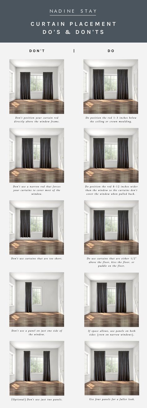 THE DO'S + DON'TS OF CURTAIN PLACEMENT | Nadine Stay Four Curtain Panels One Window, Hide Fireplace Opening, Curtain Dos And Dont, Curtains All Around The Room, Windows With One Curtain Panel, Curtains On 9 Ft Ceilings, Curtain And Blinds Ideas, Window Blinds With Curtains, 9 Ft Ceilings Curtains