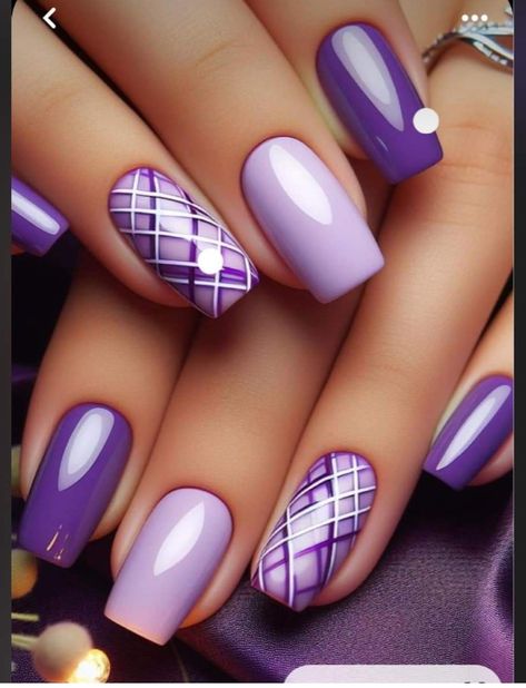 Purple Tones Nails, Purple Biab Nail Designs, Purple Nail Polish Designs, Purple And Navy Nails, Short Sassy Nails, Purple Plaid Nails, Plum Nail Designs, Purple Nails Square, Nail Designs Lavender