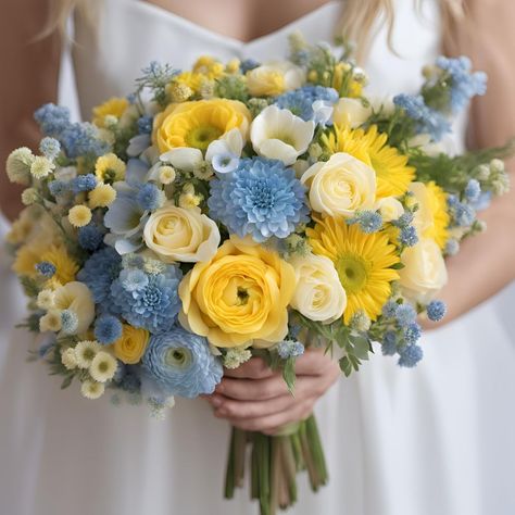 7 Ideas for Blue and Yellow Wedding Colors - Yeah Weddings Blue Yellow Wedding Decor, Blue And Yellow Wedding Bouquet, Blue And Yellow Wedding Theme, Blue And Yellow Bouquet, Yellow Wedding Colors Schemes, Light Yellow Weddings, Yellow And Blue Wedding, Pale Yellow Weddings, Blue Sunflower Wedding