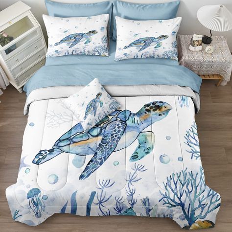 PRICES MAY VARY. 8 Pieces Queen Bed in A Bag Includes: 1 Queen Size Comforter 90"x90", 1 Queen Fitted Sheet 60"x80", 1 Queen Flat Sheet 90"x102", 2 Blue Pillowcases 20"x30", 2 Sea Turtle Pillowcases 20"x30", 1 Cushion Cover 18"x18" Printed Design: Blue coastal comforter set is printed with blue sea turtle jellyfish marine life pattern, which is cute, fresh and suitable for rooms with all decoration styles. It is also a exquisite gift for kids boys girls. Premium Material: 100% brushed microfiber Turtle Sea, Beachfront Decor, Blue Turtle, Coastal Bedding, Bedding Comforter, Horse Animal, Bed In A Bag, Sea Horse, Animal Cartoon