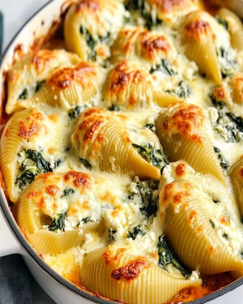 Spinach & Ricotta Stuffed Shells Recipe - Easy & Delicious Spinach And Feta Stuffed Shells, Spinach Stuffed Pasta Shells, Turkey And Spinach Stuffed Shells, Stuffed Shells With Ground Beef And Spinach, Stuffed Shells With Spinach And Ricotta, Ricotta Stuffed Shells Recipe, Stuffed Shells Sausage Ricotta, Ricotta Shells Stuffed, Pasta Shells Stuffed Ricotta