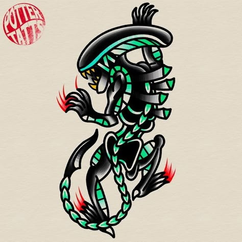 Alien American Traditional Tattoo, Simple Black Tattoos Men, Xenomorph Tattoo Traditional, Xenomorph Tattoo Ideas, Fantasy Traditional Tattoo, Alien Traditional Tattoo, Dark American Traditional Tattoo, Alien Xenomorph Tattoo, Alien Flash Tattoo