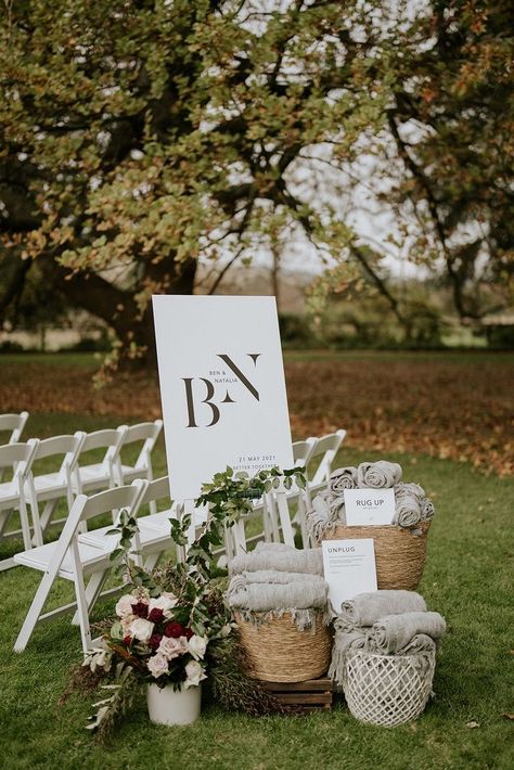 Civil Wedding Outdoor Ceremony, Welcome Sign Wedding Ceremony, Blanket Display Wedding, Blanket Basket At Wedding, Sign For Blankets At Wedding, Wedding Venue Welcome Sign, Blanket Basket For Wedding, Basket Of Blankets Wedding, Outdoor Wedding Ceremony Signing Table