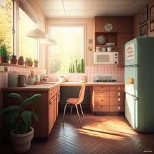 natetaylor: Midcentury modern kitchen with morning light. Wes Anderson style. Photograph realistic. Midcentury Modern Kitchen, Wes Anderson Style, 1950s House, Mid Century Modern Kitchen, White Picket Fence, Wes Anderson, Morning Light, Mid Century Modern Style, Kitchen Lighting