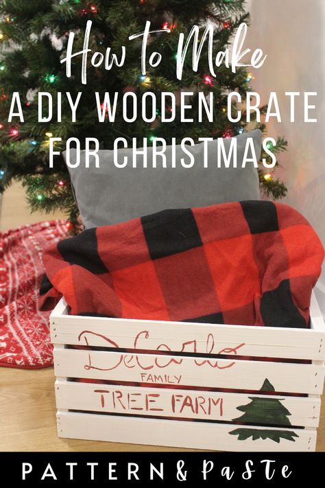 Making some last minute DIY holiday decor before your guests arrive? Check out this post from Pattern and Paste to learn how to make a hand painted wooden crate for Christmas. How To Paint Wooden Crates, Wooden Crates Crafts, Painted Wooden Crate, Wooden Crates Christmas, Crate Crafts, Diy Wooden Crate, Arts And Crafts For Adults, Wooden Christmas Crafts, Apple Crates