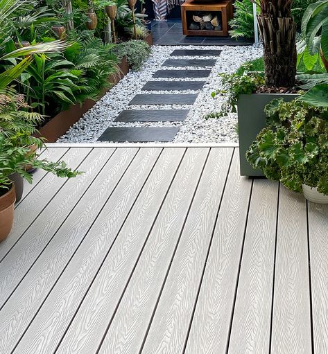 Low Composite Deck Ideas, Decking And Pebbles, Raised Decking Ideas Garden Uk, Small Composite Deck, Composite Decking Ideas Grey, Ikea Decking Ideas, Composite Patio Ideas, Decked Garden Ideas, Plastic Decking Ideas