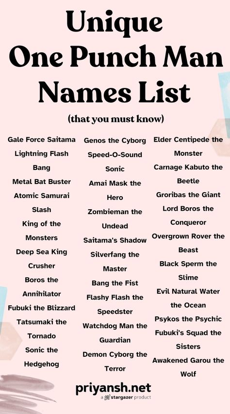 Discover the ultimate list of One Punch Man names, from the powerful Saitama's Shadow to the swift Speed of Sound. Explore the unique and memorable names of this popular anime series. Anime Name Generator, Neutral Names, Speed Of Sound, Fantasy Names, Psychic Powers, Name List, Female Names, Name Generator, Unique Names