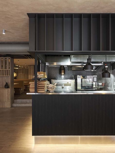 Butcher House St. Petersburg Restaurant Designed by MODGI Group Kitchen Restaurant Design, Butcher House, Bistro Interior, Kitchen Bar Counter, Bar Counter Design, Meat Restaurant, Industrial Cafe, Ramen Restaurant, Hamburger Steak