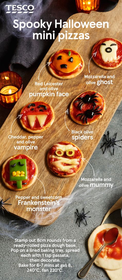 Get the kids involved in decorating their own scarily good Halloween pizzas – with cheesy mummies, olive spiders and melting mozzarella ghosts for delicious mini Halloween treats. | Tesco Halloween Pizzas, Halloween Soup, Halloween Sandwiches, Pizza Halloween, Plat Halloween, Halloween Pizza, Halloween Fest, Fun Halloween Food, Tesco Real Food