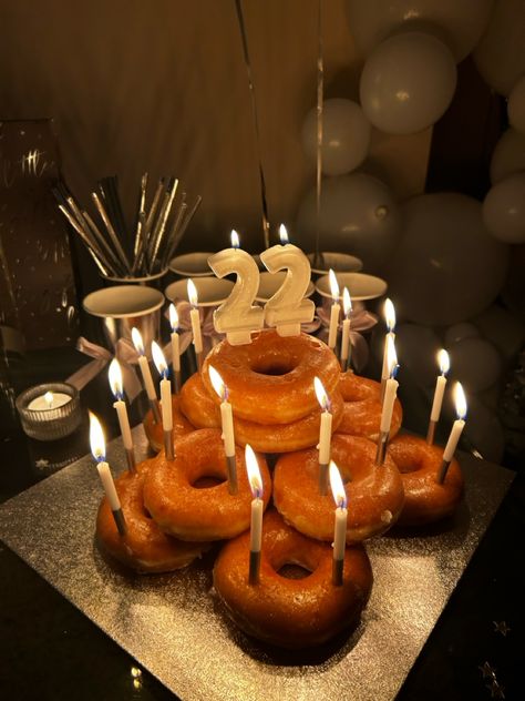 22nd birthday, donut cake Twenty Two Birthday Ideas, Donuts Birthday Aesthetic, Donut Bday Cake, Stacked Donut Cake, Birthday Doughnut Ideas, Donut Stack Cake, Doughnut Cake Birthday, Birthday Donuts Ideas, Donut Birthday Party Cake