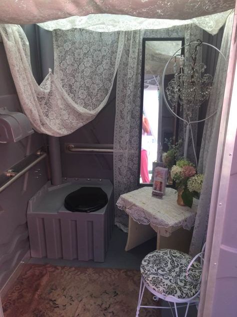 Decorated Ladies Porta Potty at Foxwood House. Wedding Day.  Chandelier. Lace. Flowers. Porta Potty Decorating Ideas Wedding, Decorated Porta Potty, Fancy Porta Potty, Porta Potty Decorating Ideas, Wedding Porta Potty, Porta Potty Wedding, Porta Potty Ideas, River Party, Spokane Wedding Venues