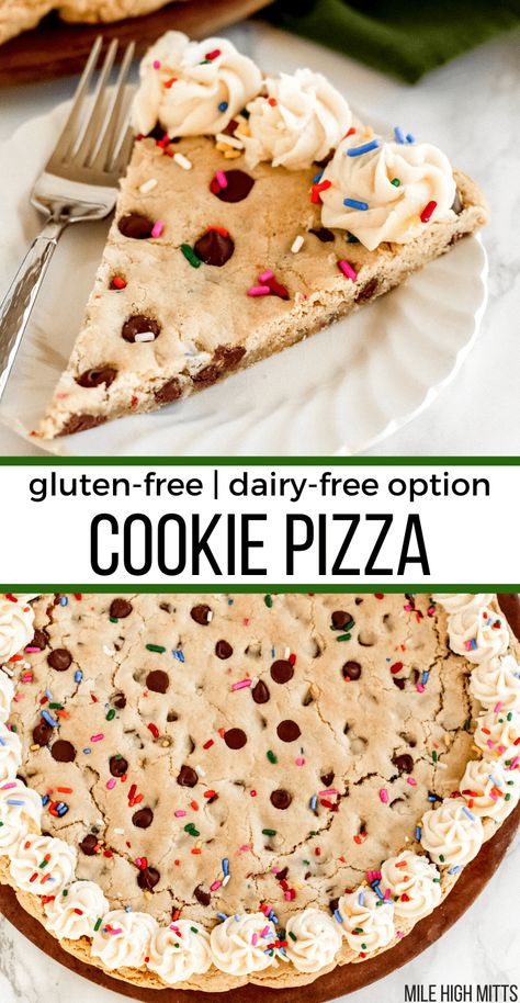 The best, classic birthday party or Holiday party treat is a Cookie Pizza! This easy dessert is based off of my chocolate chip cookie recipe, forming one giant cookie that you can cut into slices just like pizza. Filled with chocolate chips and sprinkles, this gluten-free cookie pizza can also easily be made dairy-free. Use buttercream frosting to decorate the edges (and add a little "Happy Birthday" in the middle too!). This flexible dessert can work for Christmas, Valentine's Day, and more! Gluten Free Dairy Free Dessert, Dairy Free Cookies, Cookie Pizza, Giant Cookie, Dessert Dips, Allergy Free Recipes, Gf Desserts, Gluten Free Dairy Free Recipes, Gluten Free Sweets