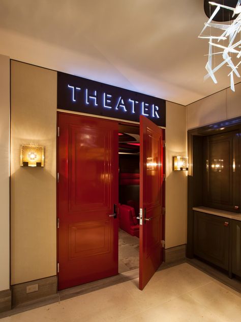 Home Theater Designs From CEDIA 2014 Finalists | HGTV Like the doors but not the sign Family Movie Room, Theatre Room Ideas, Movie Theater Rooms, Basement Home Theater, Home Theater Room Design, Theater Room Design, Movie Room Decor, Home Cinema Room, Home Theater Decor