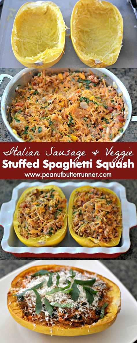 Italian Sausage And Veggies, Spaghetti Squash Stuffed, Sausage And Spaghetti Squash, Spaghetti Dishes, Sausage And Veggies, Stuffed Spaghetti Squash, Cauliflower Tots, Lunch Club, Courge Spaghetti