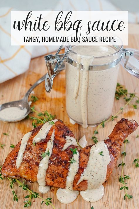 Alabama white BBQ Sauce recipe on a grilled chicken breast. White Bbq Sauce Recipe, Boneless Wing Recipes, White Barbecue Sauce, Alabama White Bbq Sauce, Dairy Free Dips, Alabama White Sauce, White Bbq Sauce, Homemade Bbq Sauce Recipe, Yum Sauce