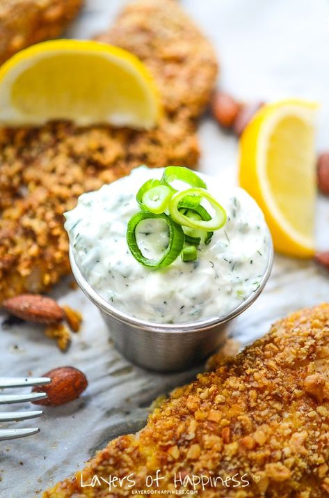 Almond Crusted Tilapia with Homemade Tatar Sauce - Layers of Happiness Tatar Sauce, Almond Crusted Fish, Crusted Tilapia, Homemade Tartar Sauce, Almond Crusted, Tilapia Recipes, Homemade Condiments, Tartar Sauce, Homemade Yogurt