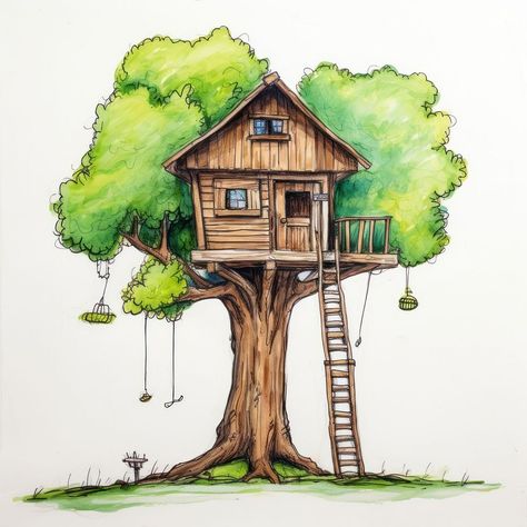 Tree House Reference, House Tree Drawing, How To Draw A Treehouse, Tree Drawing Colored Pencil, Forest House Drawing, Tree House Designs For Kids, Tree House Sketch, Treehouse Painting, Treehouse Drawing