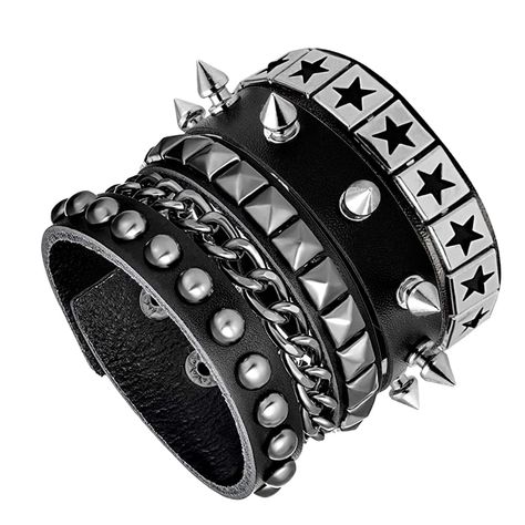 PRICES MAY VARY. Material:Premium Soft Faux Leather + Metal Alloy + Snap Button Clasp. Size Detail:Fit for wrist line:7-8 inches,total Length is about 8.5inches. Design:Handmade with square pyramid,round studded,metal chains,spikes,heart pendant elements,built to classic punk,stylish,cool and sweet jewelry set for 80's 90's rock star costumes. Scenes:Suitable for concert,birthday parties,proms,rave festival,theme party,all saints eve,or as fancy looks. Package:3 pcs black leather studded bracele Emo Boho, 90s Emo, Emo Jewelry, Wrap Bangles, Sweet Jewelry, Leather Rivets, Cuff Jewelry, Wide Bracelet, Bracelet Cuir